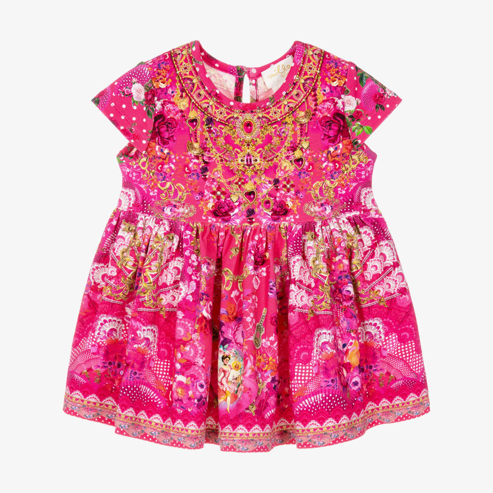 CAMILLA-Girls Pink Cotton Jersey Dress with Flamenco Print | Childrensalon
