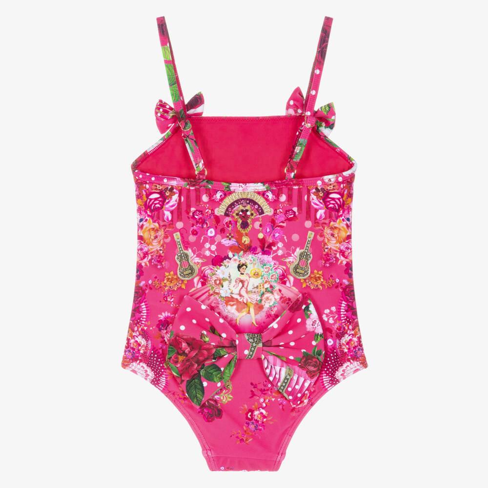 CAMILLA-Girls Pink Flamenco Print Swimsuit with Bows | Childrensalon