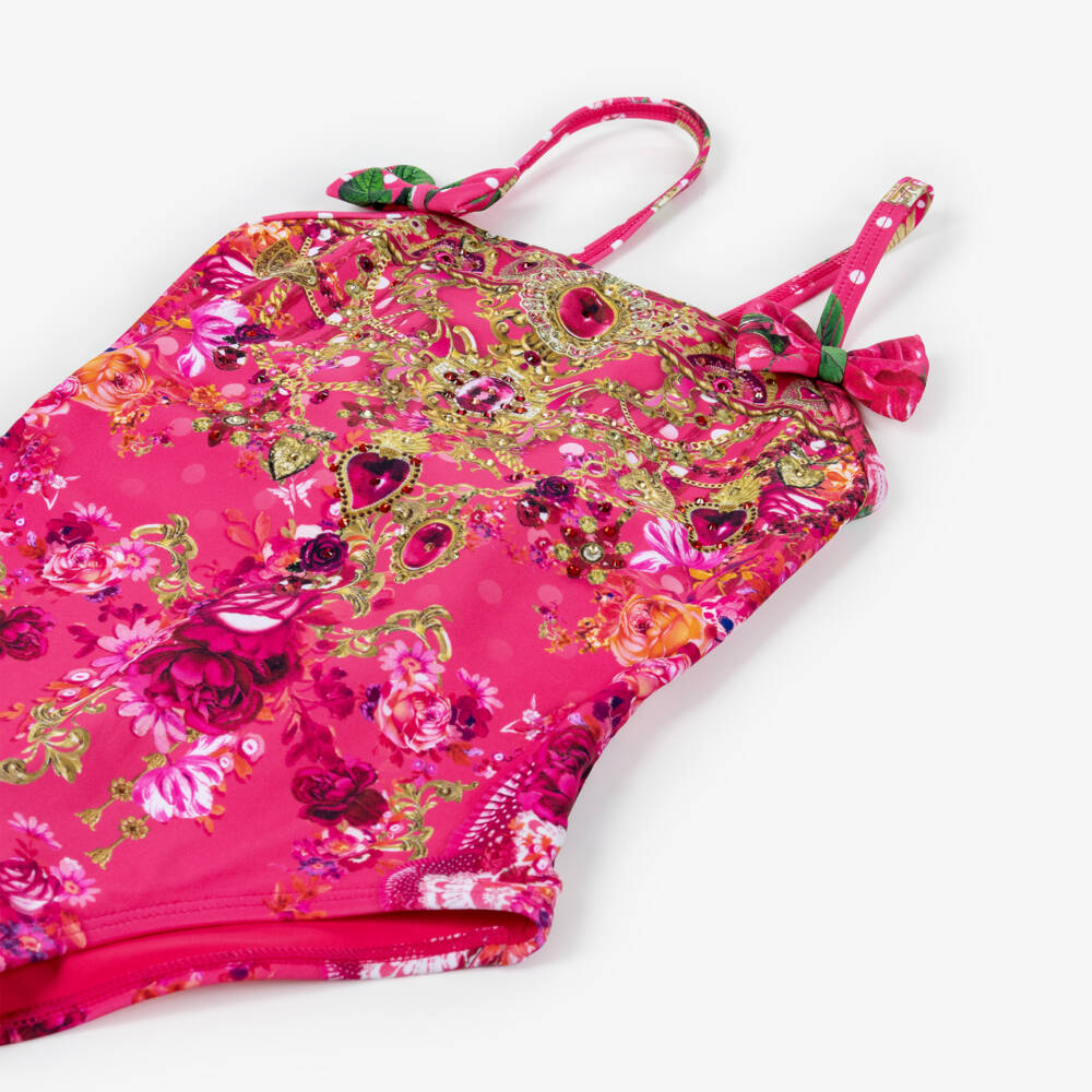 CAMILLA-Girls Pink Swimsuit with Bows & Flamenco Print | Childrensalon