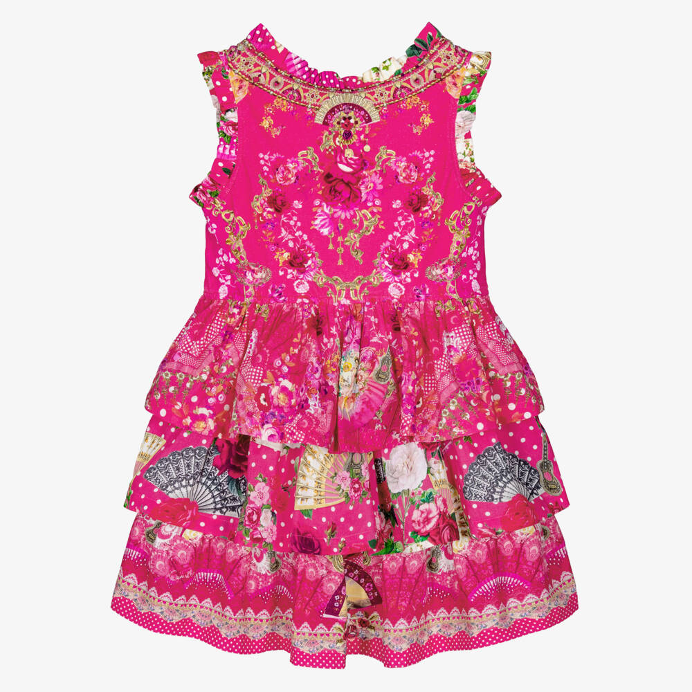 CAMILLA-Платье розовое с ярусами и принтом фламенко для девочек | Childrensalon