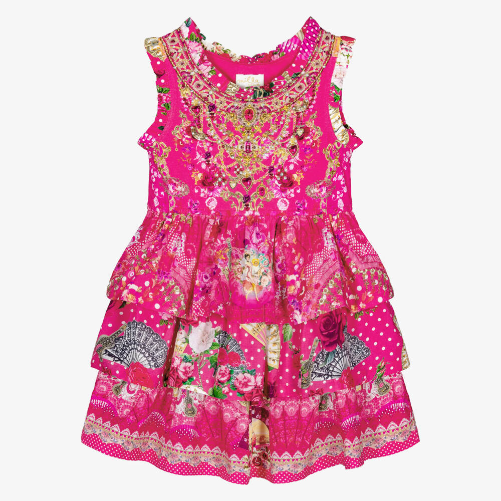 CAMILLA-Girls Pink Tiered Dress with Flamenco Print | Childrensalon