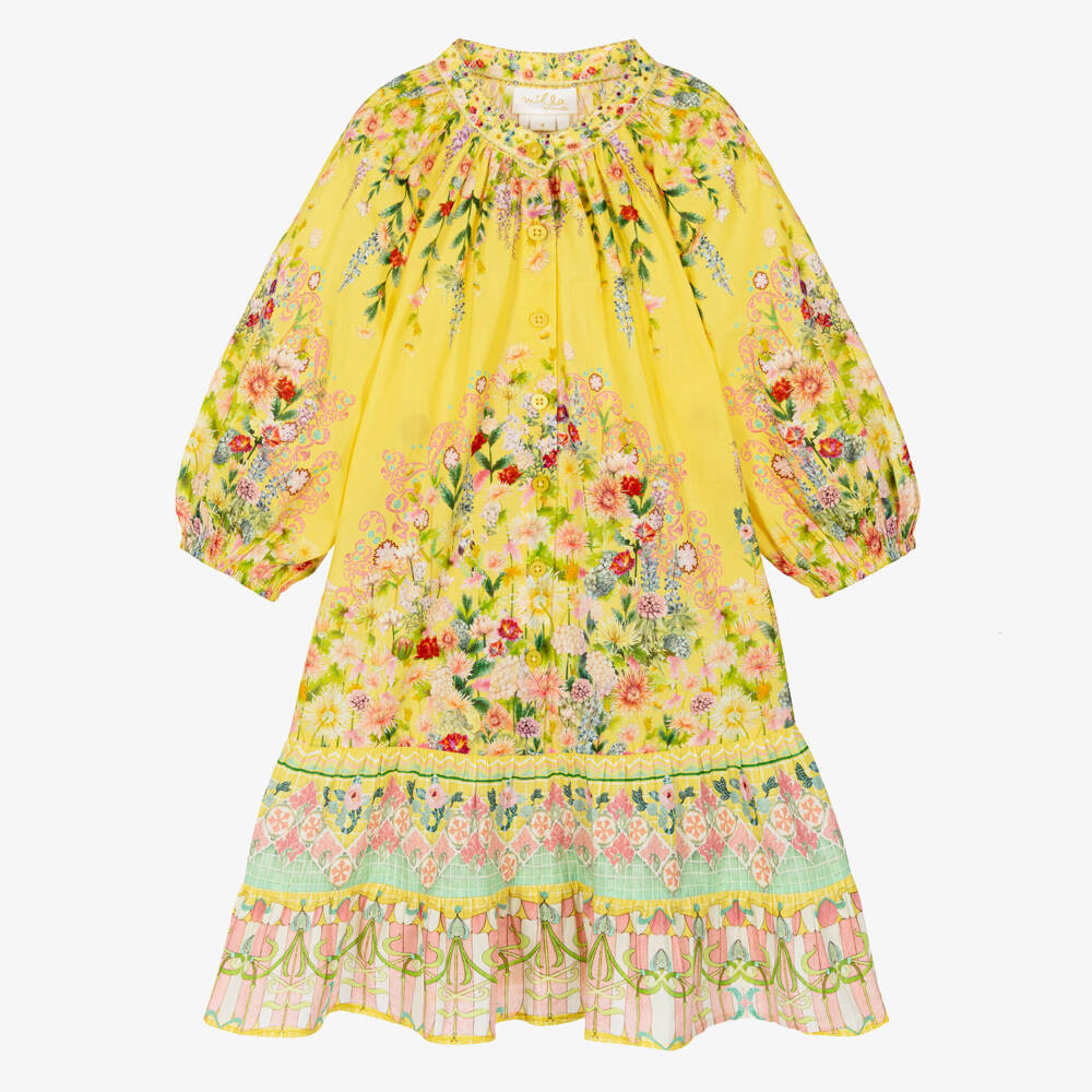 Camilla Kids-Girls Yellow Cotton Floral Dress with Diamanté Collar | Childrensalon