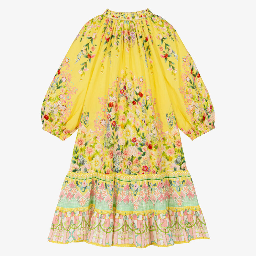 CAMILLA-Желтое хлопковое платье с цветочным принтом и воротником со стразами для девочек | Childrensalon