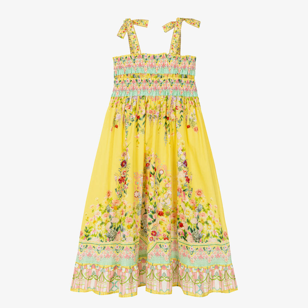 Camilla Kids-Girls Yellow Cotton Maxi Dress with Floral Print | Childrensalon