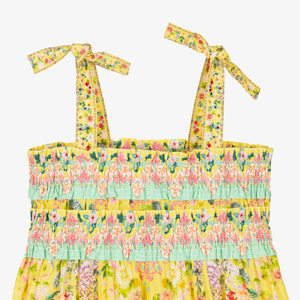 Camilla Kids-Girls Yellow Cotton Maxi Dress with Floral Print | Childrensalon