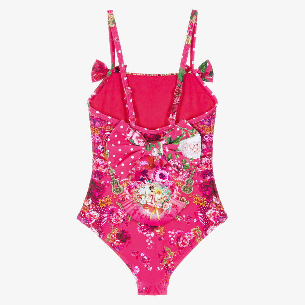 CAMILLA-Girls Pink Swimsuit with Bows & Flamenco Print | Childrensalon