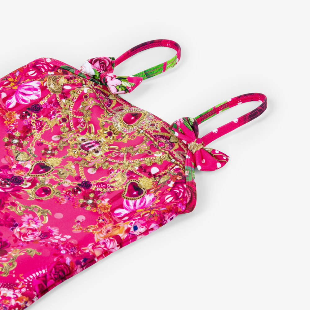 CAMILLA-Girls Pink Flamenco Print Swimsuit with Bows | Childrensalon