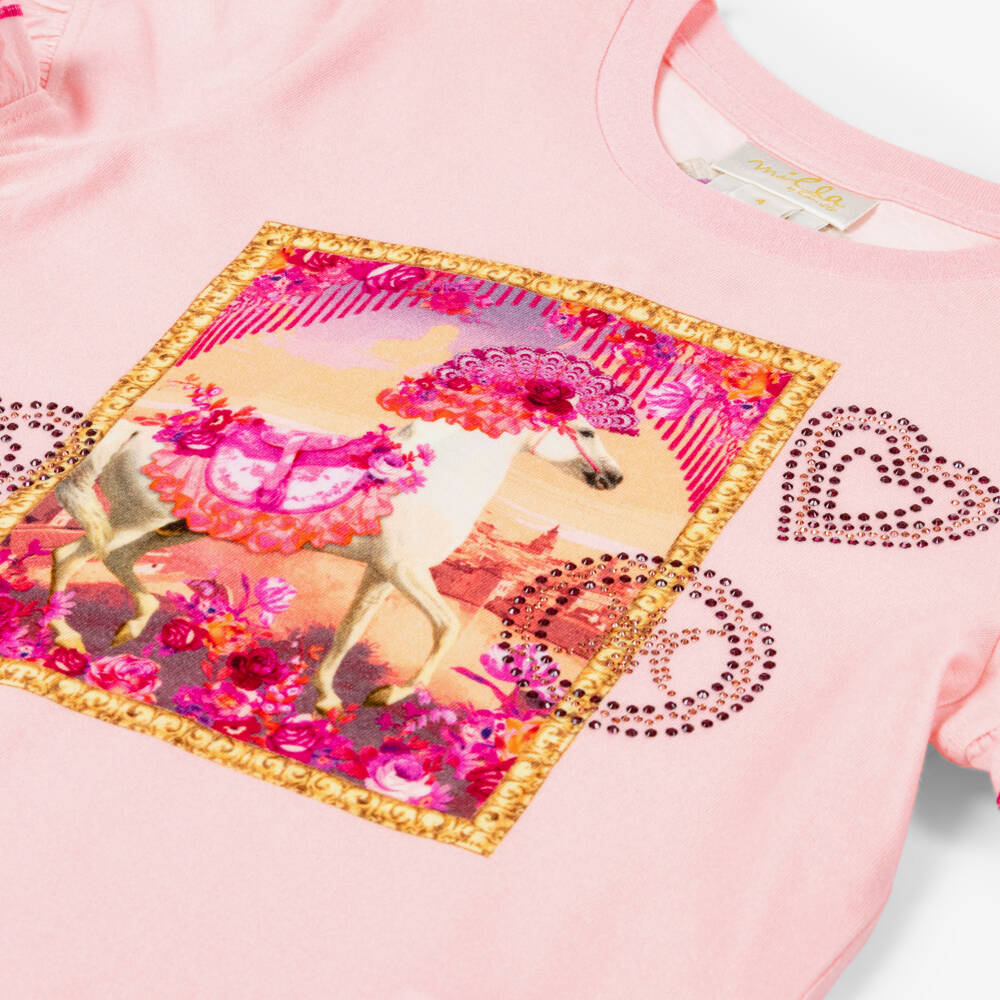 CAMILLA-Girls Pale Pink Cotton Jersey T-Shirt with Horse Print | Childrensalon
