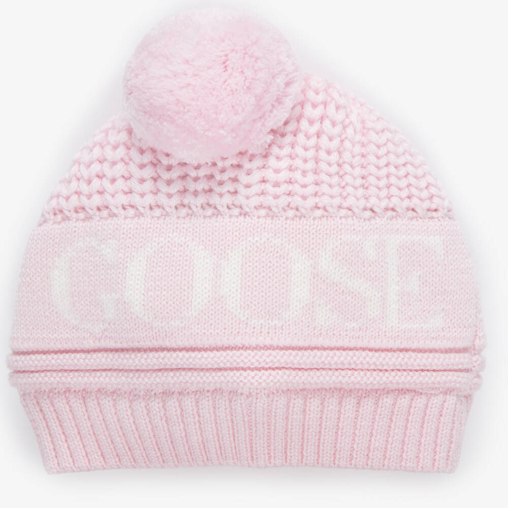 Canada Goose-Rose Pink Wool Knit Baby Hat with Fleece Lining | Childrensalon