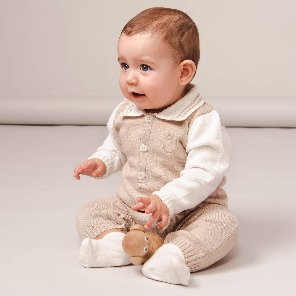 Caramelo Kids-Baby Boys Beige Knitted Polo Romper | Childrensalon