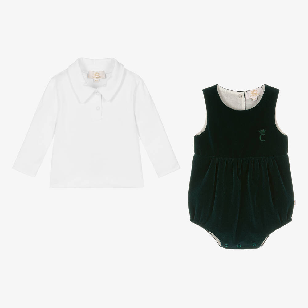 Caramelo Kids-Baby Boys Green Velvet Babysuit Set | Childrensalon