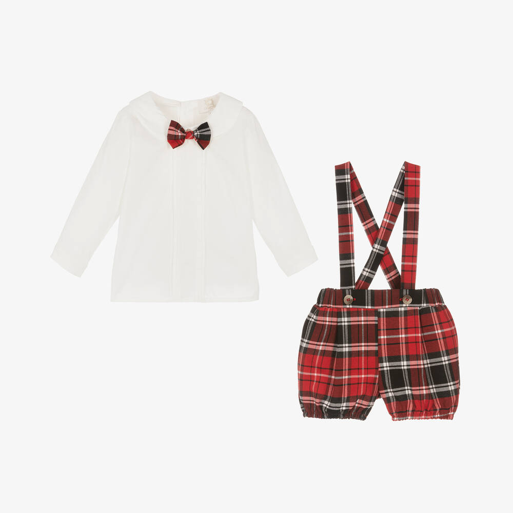 Caramelo Kids-Baby Boys Ivory & Red Tartan Shorts Set | Childrensalon