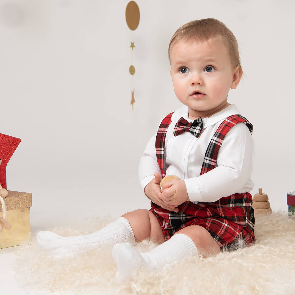 Caramelo Kids-Baby Boys Ivory & Red Tartan Shorts Set | Childrensalon
