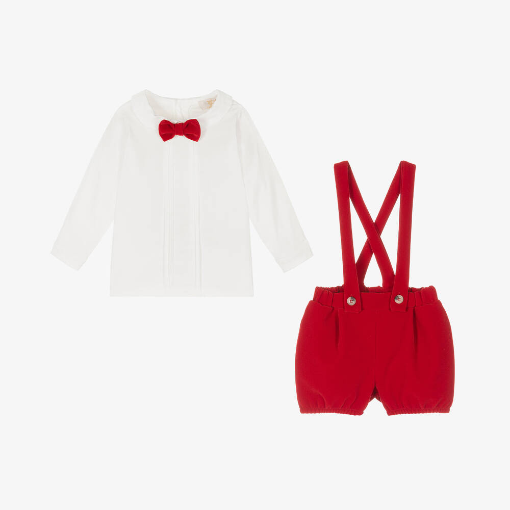 Caramelo Kids-Baby Boys Ivory & Red Velvet Shorts Set | Childrensalon