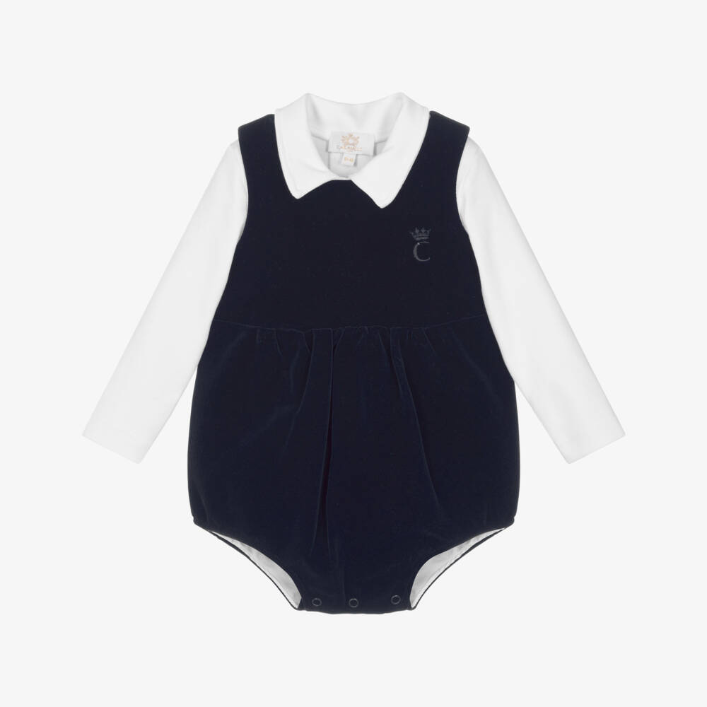 Caramelo Kids-Baby Boys Navy Blue Velvet Shortie Set | Childrensalon