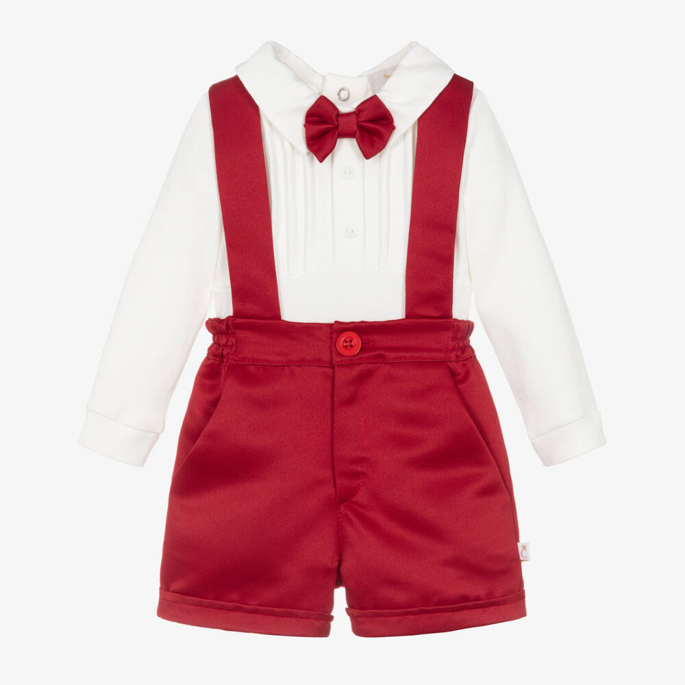 Caramelo Kids-Baby Boys Red & White Bow Tie Cotton Shorts Set  | Childrensalon