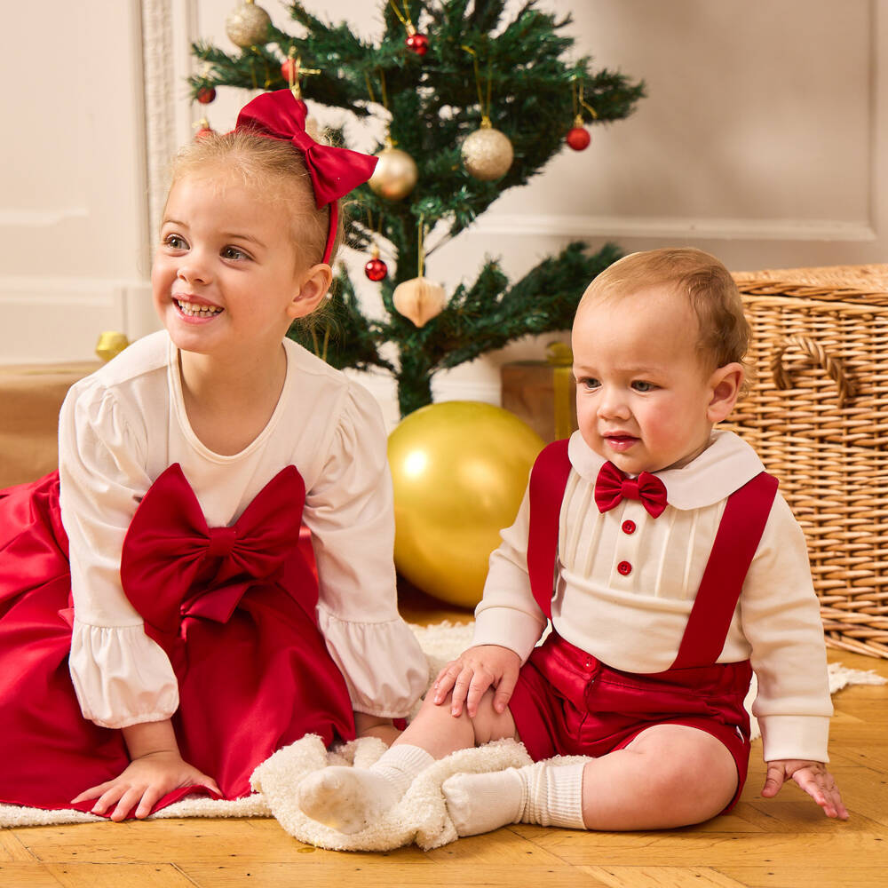 Caramelo Kids-Baby Boys Red & White Bow Tie Cotton Shorts Set  | Childrensalon