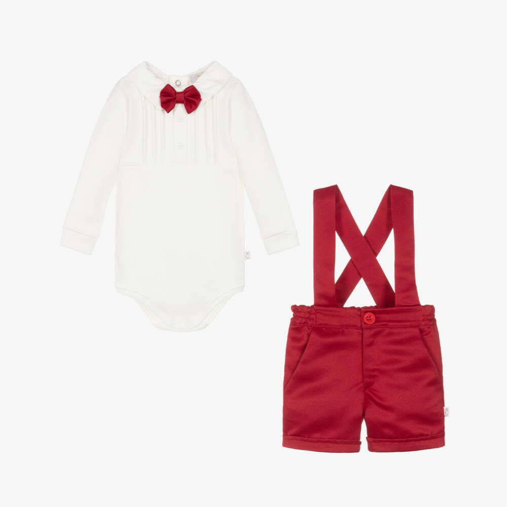Caramelo Kids-Baby Boys Red & White Bow Tie Cotton Shorts Set  | Childrensalon
