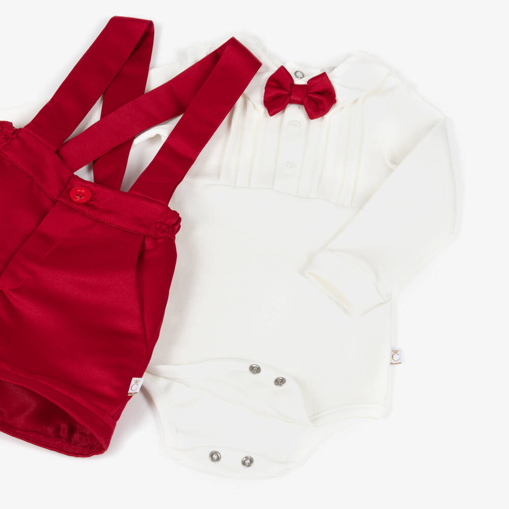 Caramelo Kids-Baby Boys Red & White Bow Tie Cotton Shorts Set  | Childrensalon