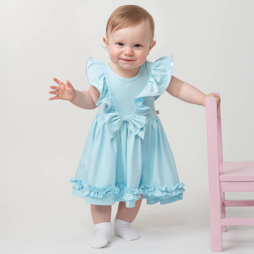 Caramelo Kids-Baby Girls Blue Cotton Ruffle Dress | Childrensalon