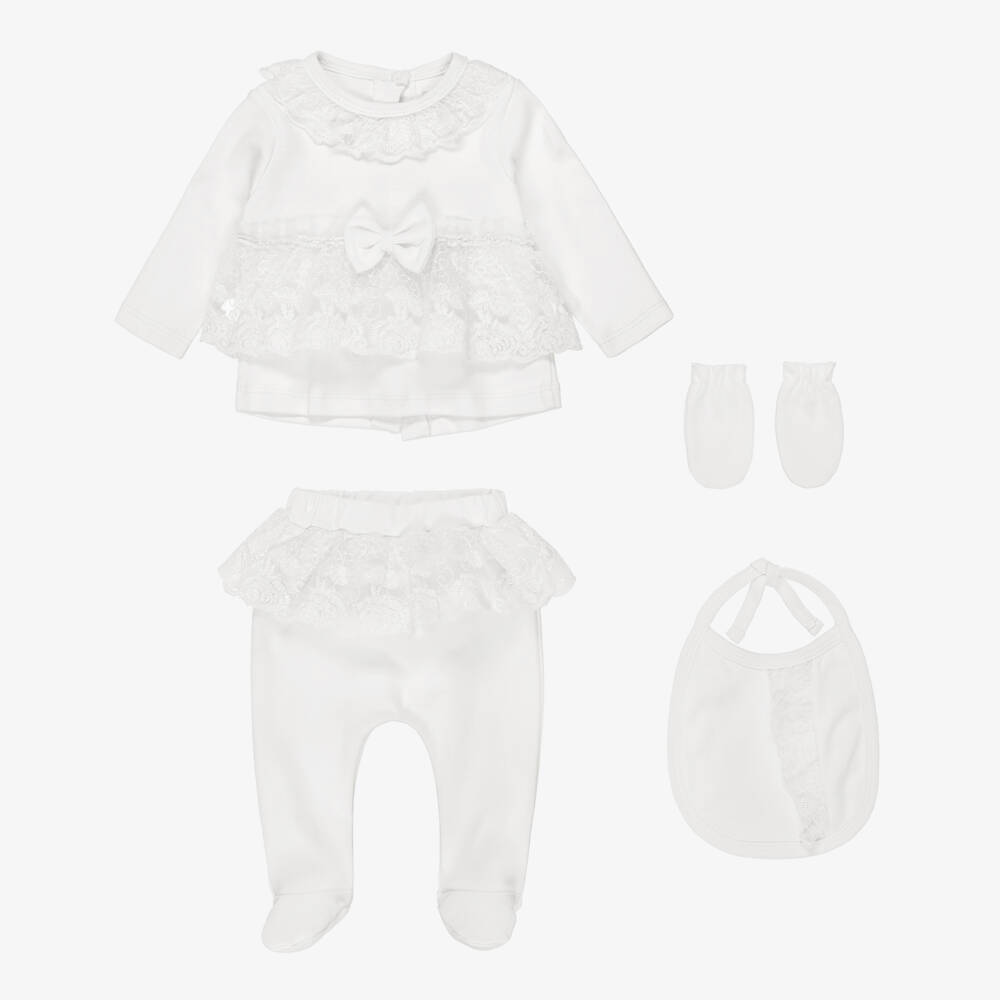 Caramelo Kids-Baby Girls Ivory Two-Piece Babygrow Set with Lace Trims | Childrensalon
