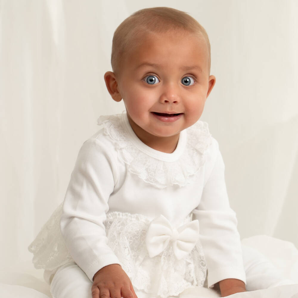 Caramelo Kids-Baby Girls Ivory Two-Piece Babygrow Set with Lace Trims | Childrensalon