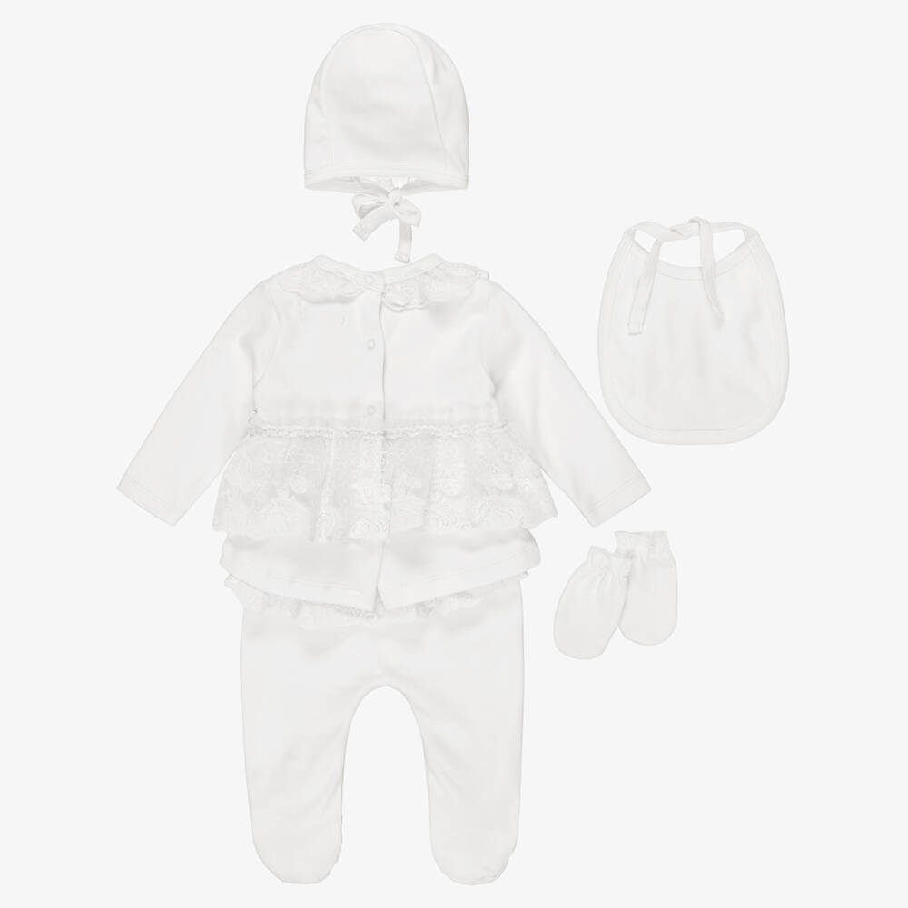 Caramelo Kids-Baby Girls Ivory Two-Piece Babygrow Set with Lace Trims | Childrensalon