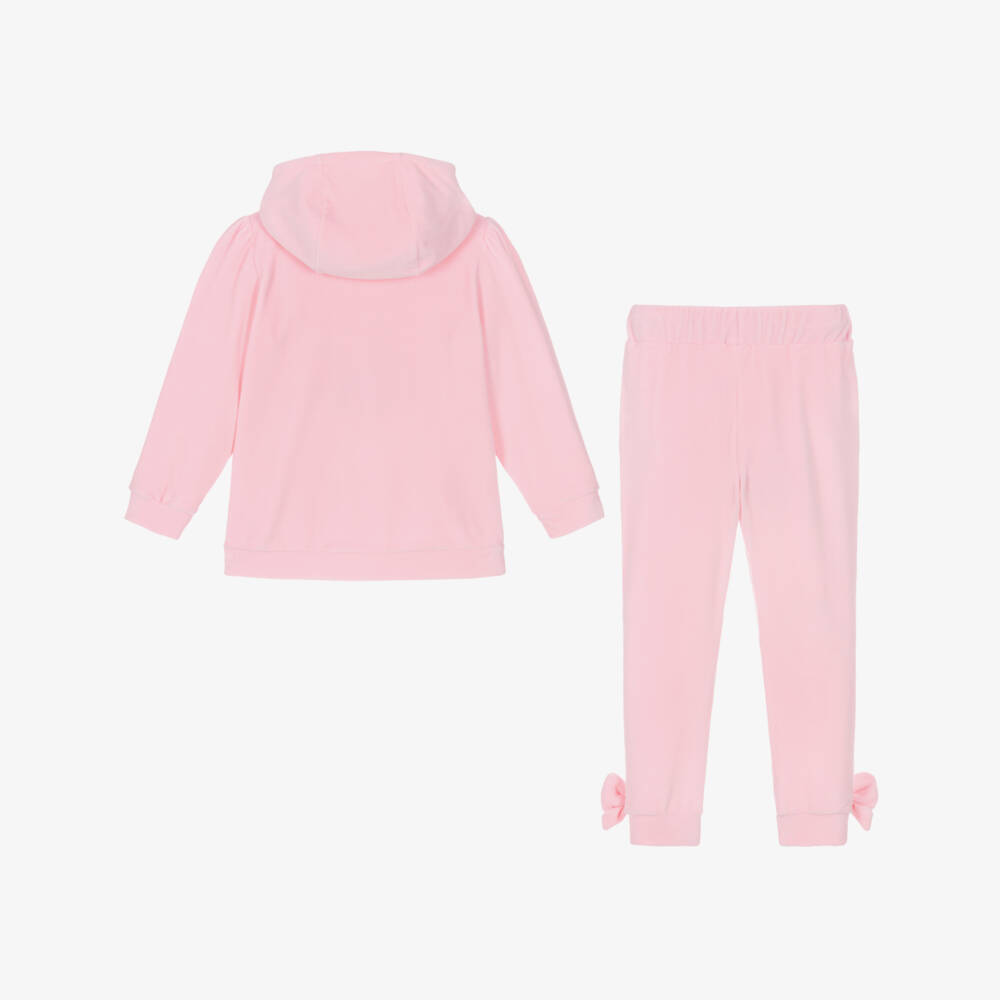 Caramelo Kids-Baby Girls Light Pink Velour Tracksuit with Bows | Childrensalon