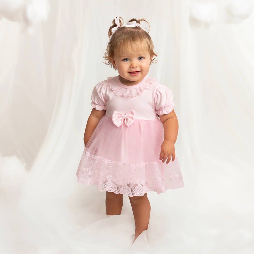 Caramelo Kids-Baby Girls Pale Pink Cotton Dress Set with Embroidered Tulle | Childrensalon