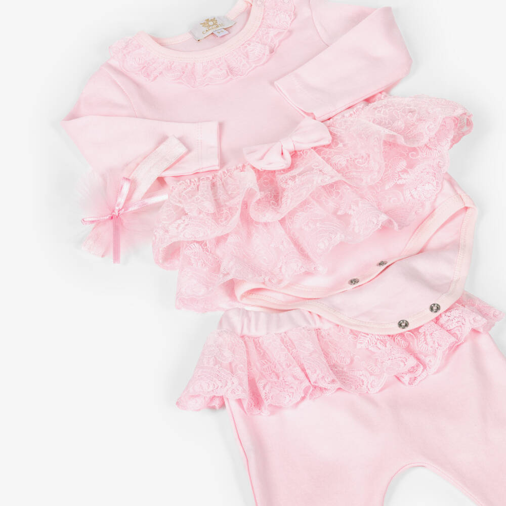 Caramelo Kids-Baby Girls Pale Pink Leggings Set with Lace Trims | Childrensalon