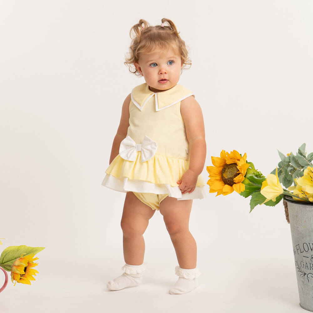 Caramelo Kids-Платье бледно-желтое из хлопка с бантом для малышек | Childrensalon