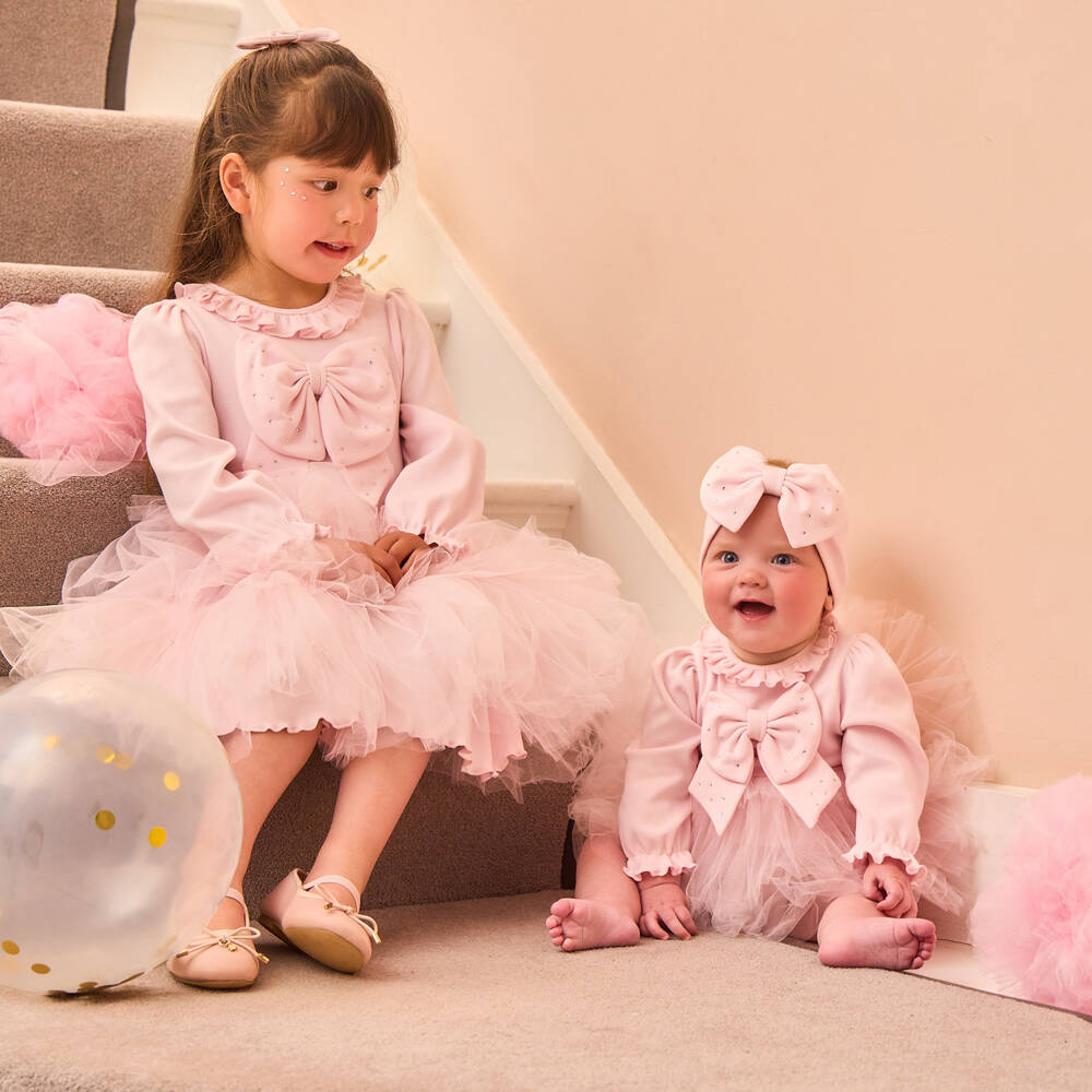 Caramelo Kids-Baby Girls Pink Cotton Dress Set with Tulle Ruffles & Bows | Childrensalon