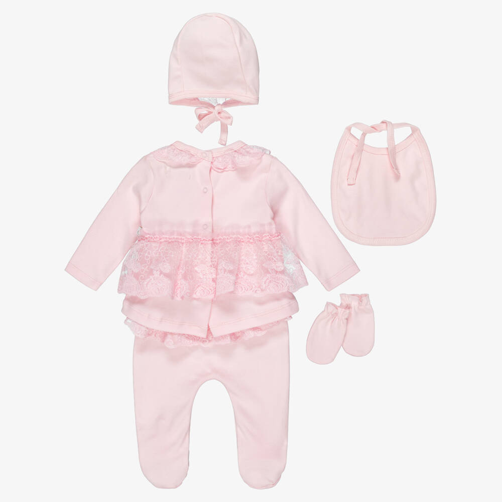 Caramelo Kids-Baby Girls Pink Two-Piece Babygrow Set with Lace Trims | Childrensalon