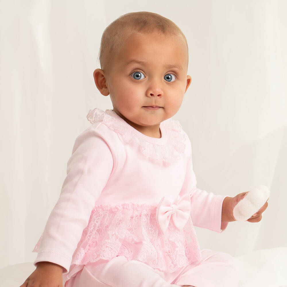 Caramelo Kids-Baby Girls Pink Two-Piece Babygrow Set with Lace Trims | Childrensalon