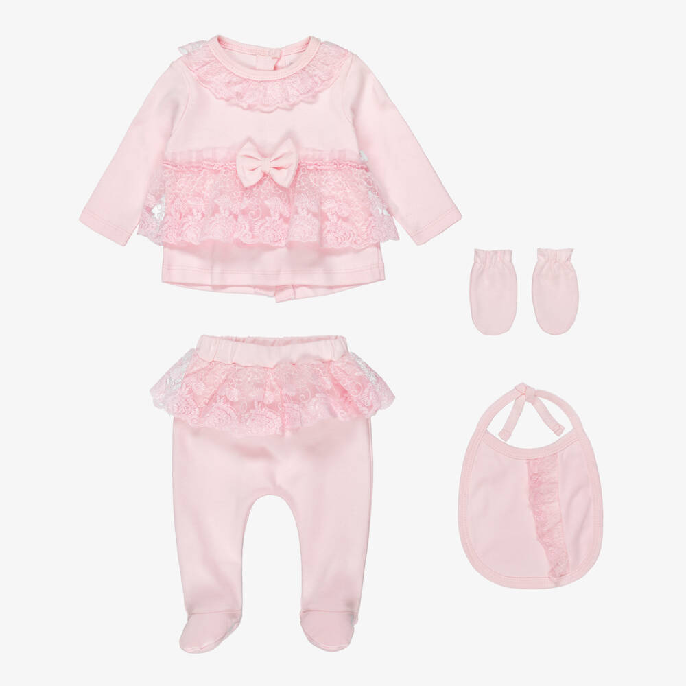 Caramelo Kids-Baby Girls Pink Two-Piece Babygrow Set with Lace Trims | Childrensalon