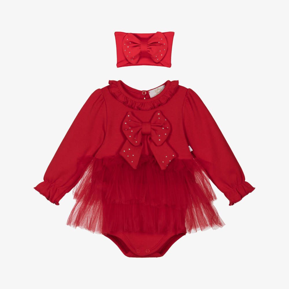 Caramelo Kids-Baby Girls Red Cotton Dress Set with Tulle Ruffles & Bows | Childrensalon