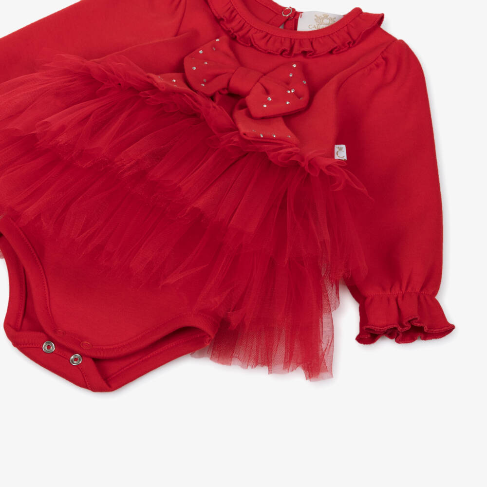 Caramelo Kids-Комплект с платьем красный из хлопка с тюлевыми оборками и бантами | Childrensalon