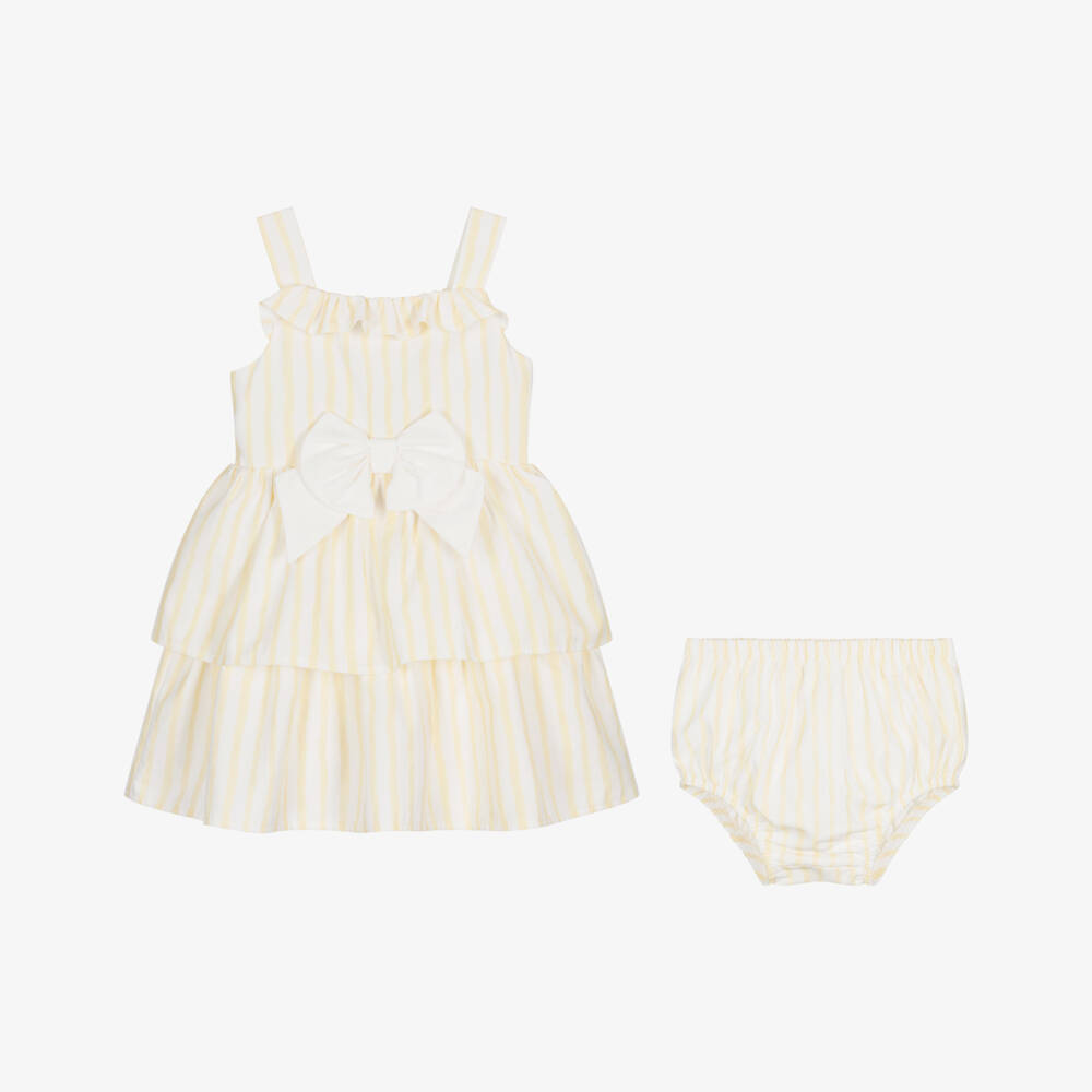 Caramelo Kids-Baby Girls White & Pale Yellow Candy Stripe Dress | Childrensalon