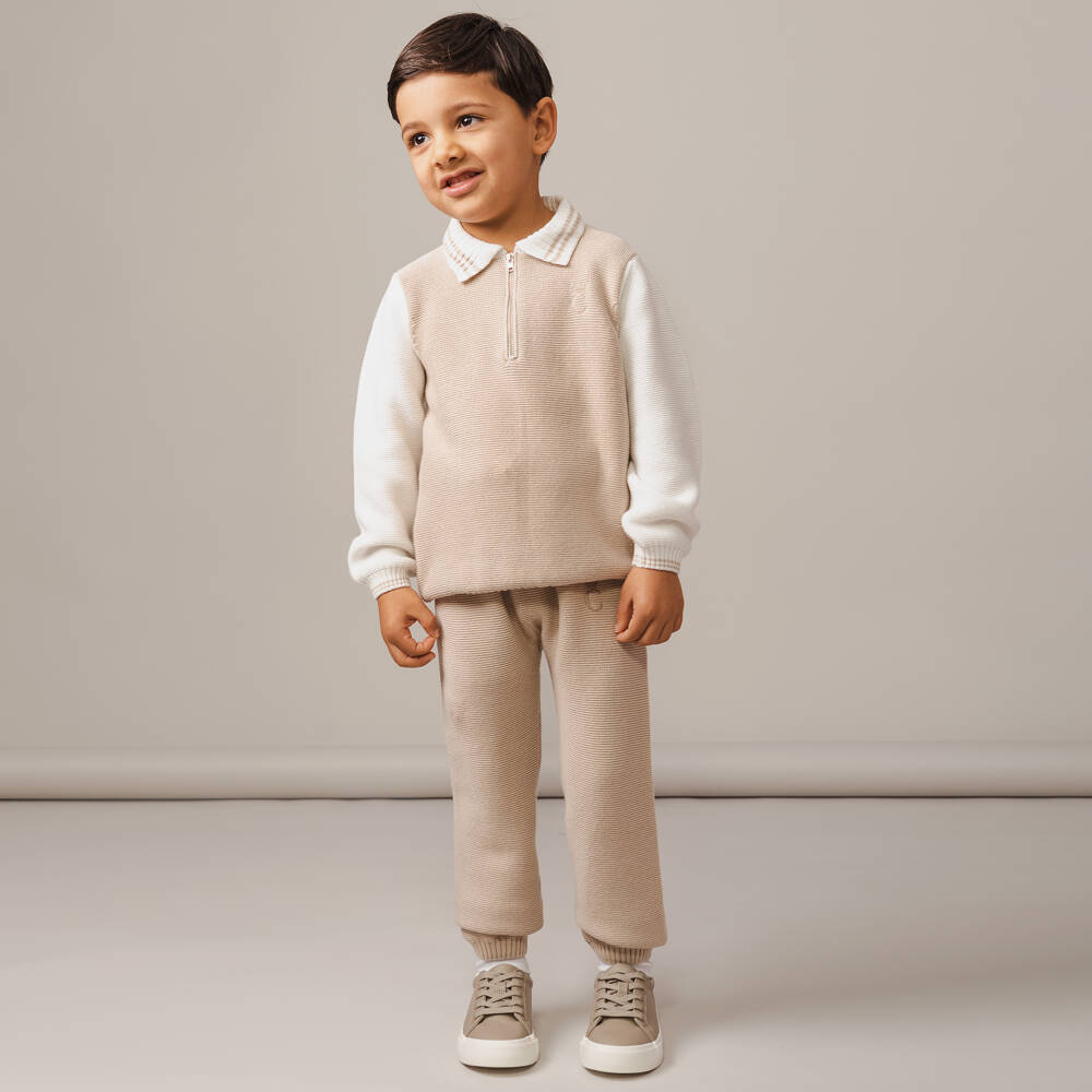 Caramelo Kids-Boys Beige Cotton Knit Trouser Set | Childrensalon
