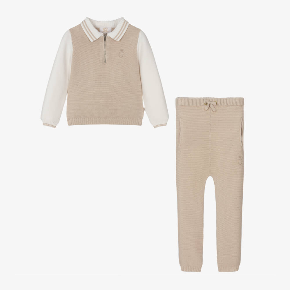 Caramelo Kids-Boys Beige Cotton Knit Trouser Set | Childrensalon