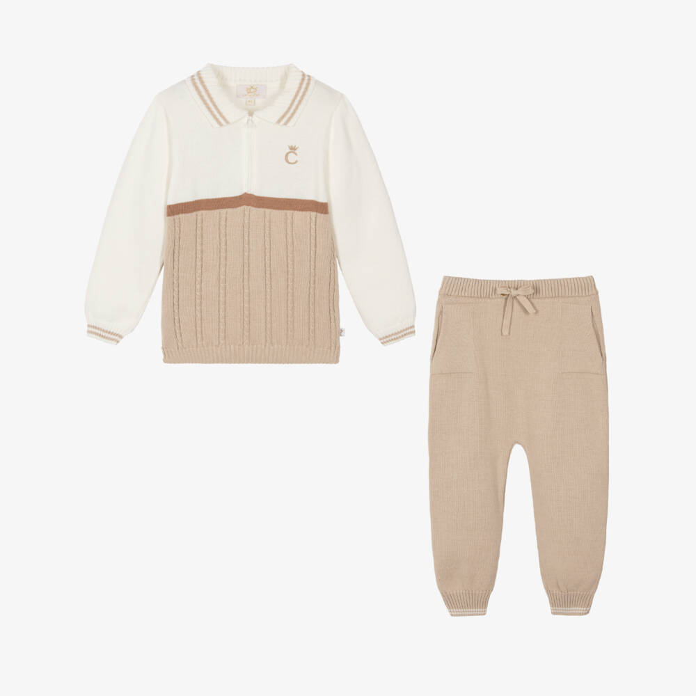 Caramelo Kids-Boys Beige & Ivory Cotton Knit Trouser Set | Childrensalon