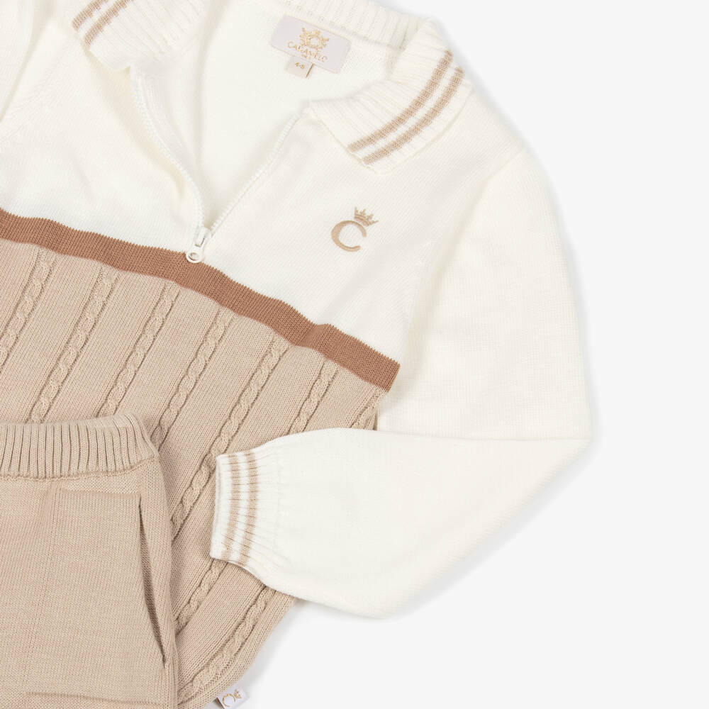 Caramelo Kids-Boys Beige & Ivory Cotton Knit Trouser Set | Childrensalon