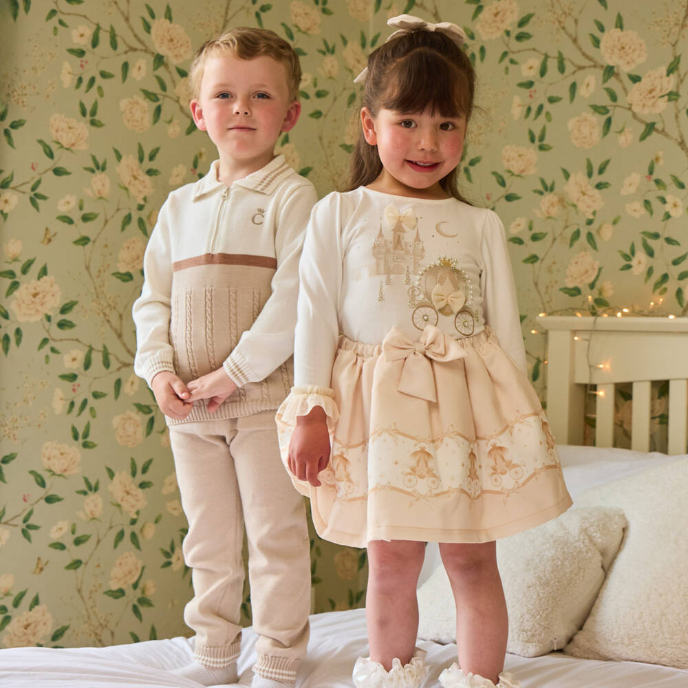 Caramelo Kids-Boys Beige & Ivory Cotton Knit Trouser Set | Childrensalon