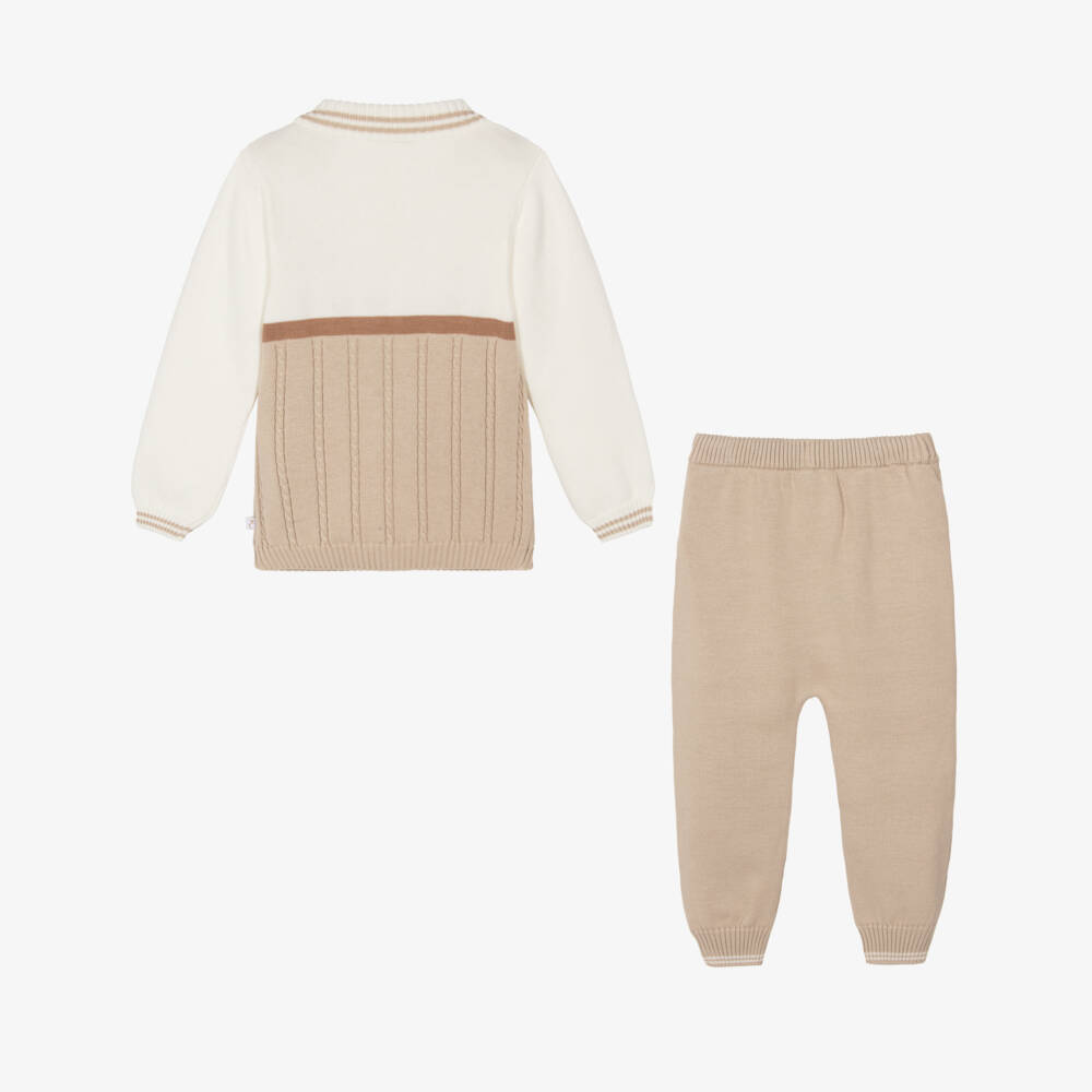 Caramelo Kids-Boys Beige & Ivory Cotton Knit Trouser Set | Childrensalon