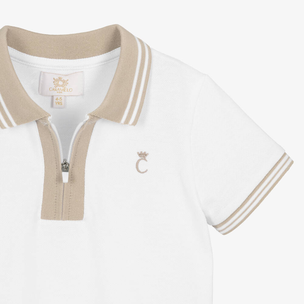 Caramelo Kids-Boys White & Beige Cotton Piqué Shorts Set | Childrensalon