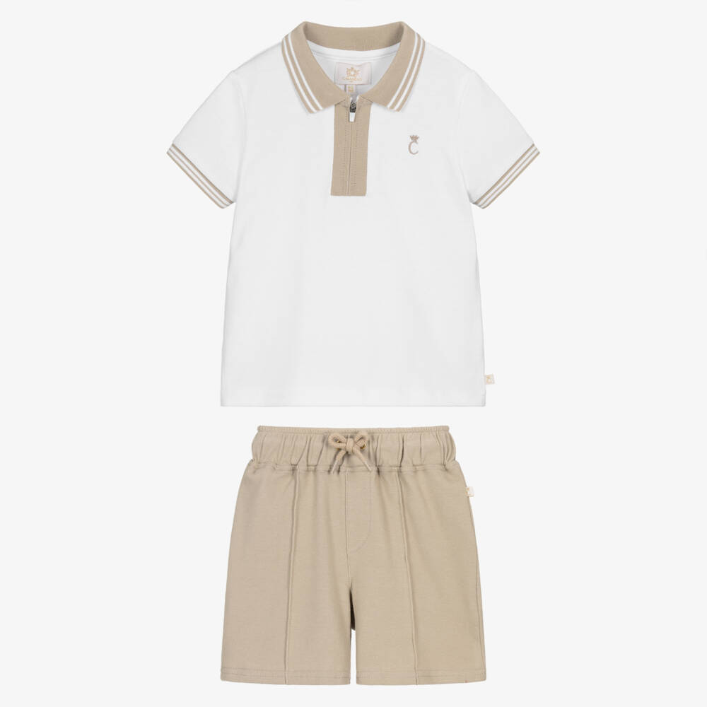 Caramelo Kids-Boys White & Beige Cotton Piqué Shorts Set | Childrensalon