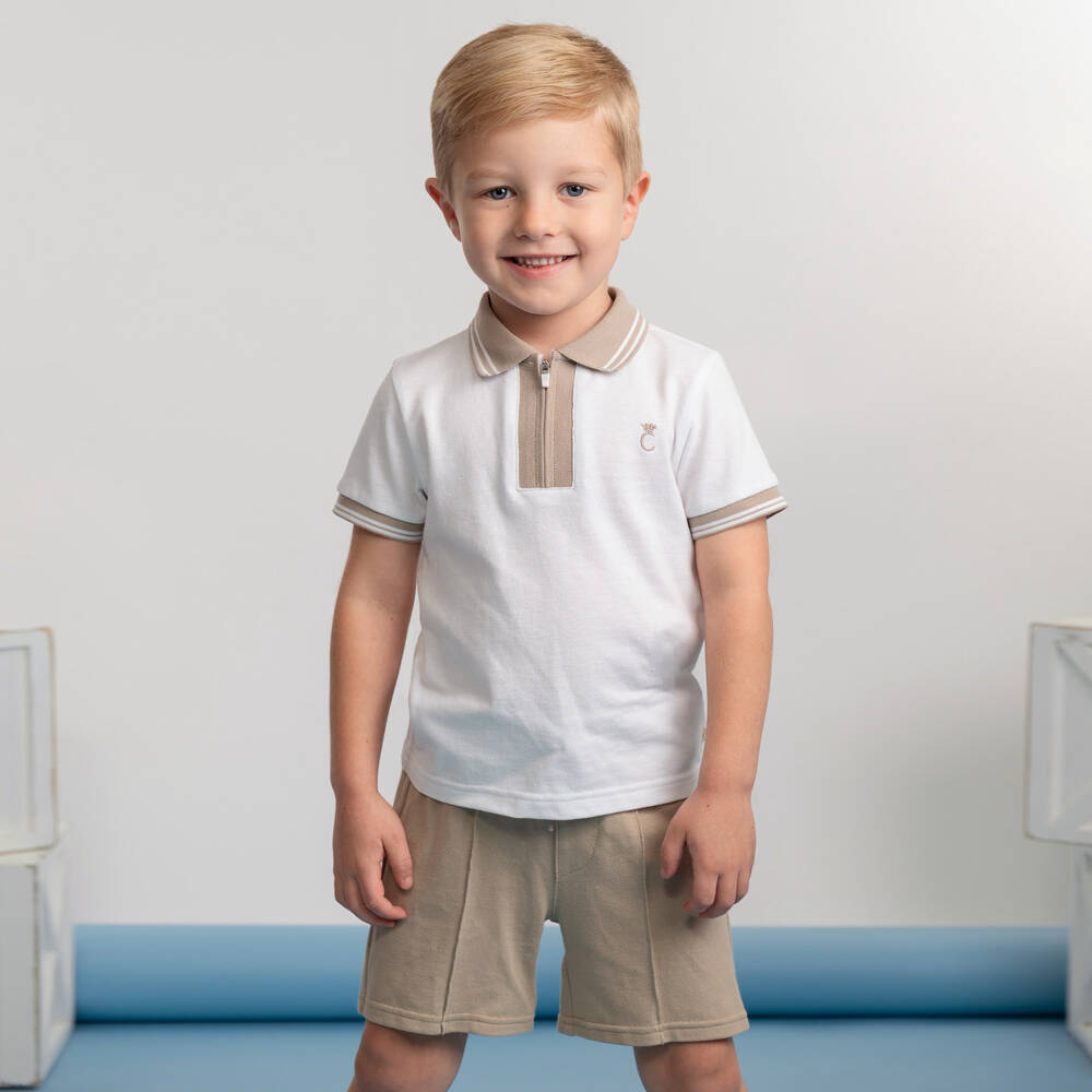 Caramelo Kids-Boys White & Beige Cotton Piqué Shorts Set | Childrensalon