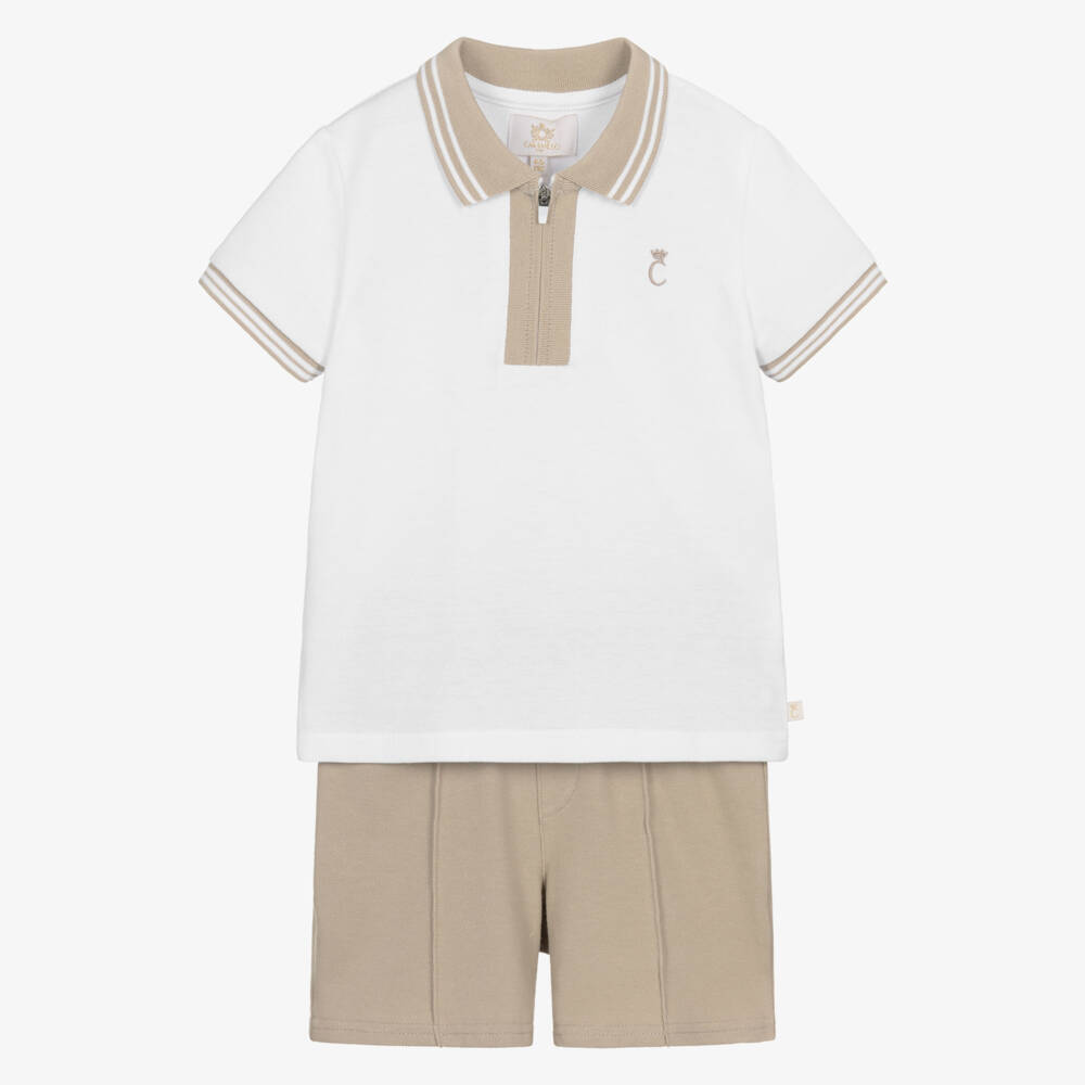 Caramelo Kids-Boys White & Beige Cotton Piqué Shorts Set | Childrensalon