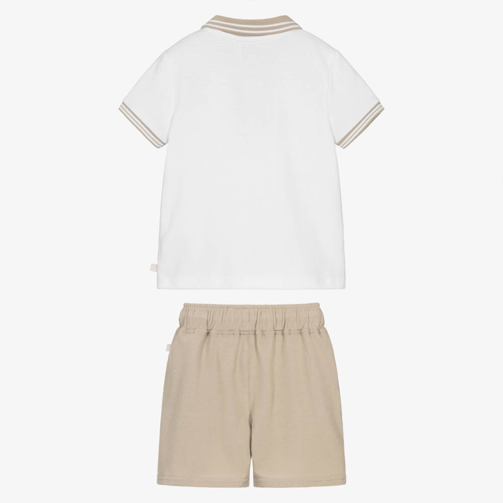 Caramelo Kids-Boys White & Beige Cotton Piqué Shorts Set | Childrensalon