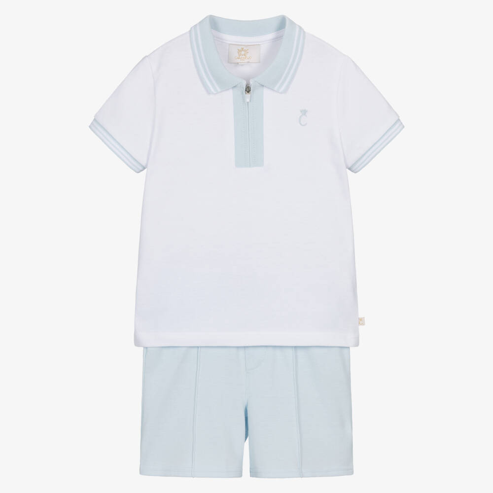 Caramelo Kids-Boys White & Pale Blue Cotton Piqué Shorts Set | Childrensalon